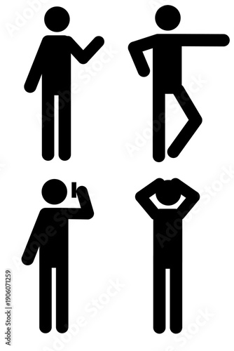 Stick figure people icon set showing communication, emotions, social interaction. Features waving greeting, presentation gesture, stress or worry pose, mobile phone conversation, relaxed leaning pose