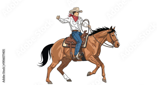 A cowboy dynamically rides a brown horse raising a lasso in a spirited western scene silhouette high quality professional detailed modern elegant