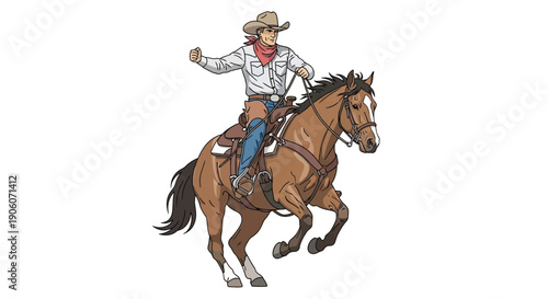 A vibrant illustration depicts a cowboy riding a bucking horse showcasing western themes and a distinct silhouette high quality professional detailed modern