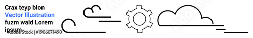 Gear surrounded by clouds and curved linear accents, blending technology and nature themes. Ideal for innovation, automation, cloud computing, environment, progress, creativity, technology minimal