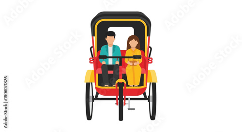 A colorful rickshaw carries a couple viewed from the front showcasing a dramatic silhouette high quality professional detailed modern elegant stylish clean