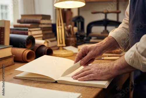 Artisan bookbinder using a bone folder tool to crease and fold paper for a handmade book in a workshop.