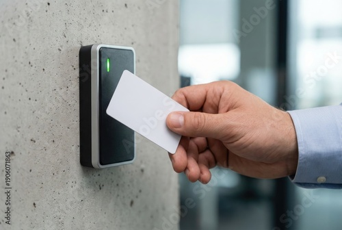 Businessman opening an office door using a white key card on an electronic access control system.