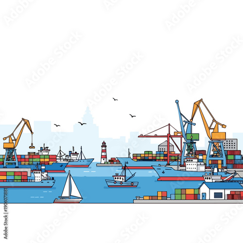 Modern Cargo Port with Ships and Cranes for Shipping and Logistics Industry