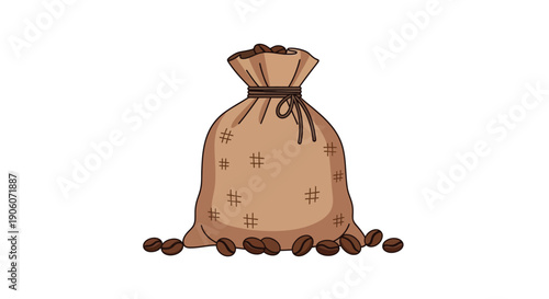 A charming illustration depicts a burlap sack filled with coffee beans and scattered grounds silhouette high quality professional detailed modern elegant stylish