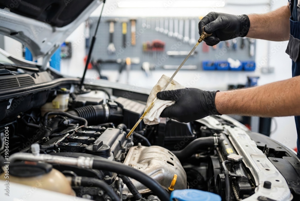Obraz premium Auto mechanic in black gloves checking the engine oil level with a dipstick during car maintenance.