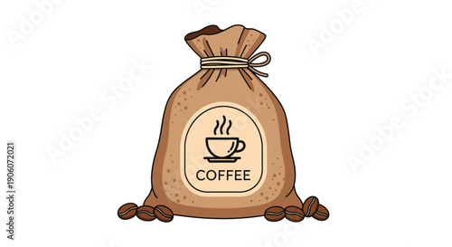 A simple cartoon illustration depicts a brown coffee sack with beans and a steaming cup silhouette high quality professional detailed modern elegant
