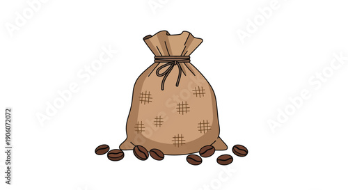 A hand drawn illustration depicts a burlap sack spilling coffee beans creating a rustic and inviting scene silhouette high quality professional detailed