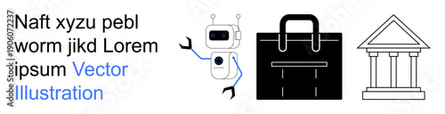 Technology, professional work, automation, industry, government, and institutions. A robot, a briefcase and a government building are . Technology and professional work concept