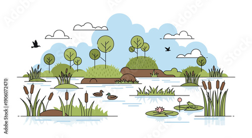 A serene landscape depicts a tranquil pond surrounded by lush greenery and a distinctive silhouette high quality professional detailed modern elegant stylish