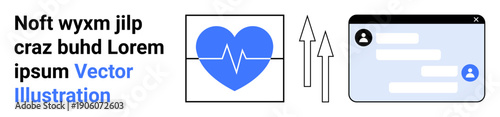 Healthcare, telemedicine, heart monitoring, medical communication, data exchange, digital health. Blue heart with pulse line and arrow icons next to chat interface. Healthcare and telemedicine
