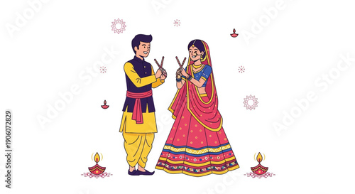 A joyful indian couple performs a wedding ritual holding burning incense sticks in a vibrant illustration silhouette high quality professional detailed modern