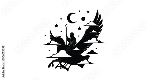 A fantastical scene depicts a winged horse and rider against a starry night sky silhouette high quality professional detailed modern elegant stylish