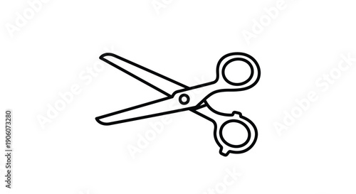 A simple line drawing depicts a pair of open scissors showcasing a stark black outline silhouette high quality professional detailed modern elegant