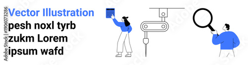 Business productivity, industrial automation, teamwork, research, technology, innovation. A worker interacting with tools, a robot arm and a magnifying glass. Business and industrial automation