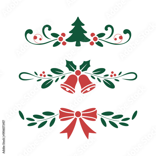 A festive Christmas graphic design featuring a tree, bells, and bow on a white background