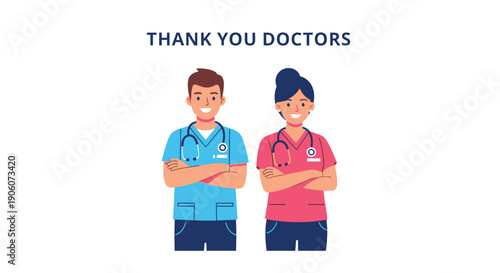 A cheerful illustration shows a male and female doctor expressing gratitude a heartfelt thank you silhouette high quality professional detailed modern elegant
