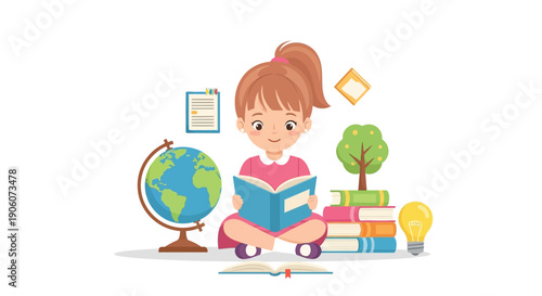 A young girl sits cross legged engrossed in reading a book amidst educational items silhouette high quality professional detailed modern elegant stylish clean
