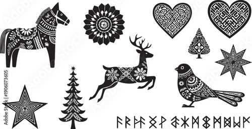 Black and white decorative illustrations of animals festive symbols and runes Keywords: horse mandala heart tree deer bird star runes festive folk art Description: A collection of black and white