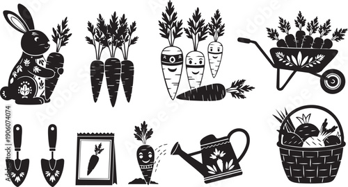 Black and white illustrations of a rabbit carrots gardening tools and a watering can Keywords: rabbit carrots gardening wheelbarrow watering can basket seeds shovel trowel harvest Description: A