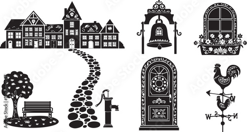 Black and white silhouette illustrations of a village street scene and rural elements Keywords: village, houses, buildings, street, path, cobblestone, pebbles, tree, bench, park, bench, water pump
