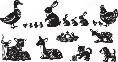 Black Silhouette Illustrations of Farm and Woodland Animals and Their Young duck duckling