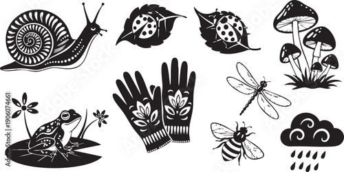 Black Silhouette Illustrations of Garden and Nature Elements with Decorative Motifs snail ladybug