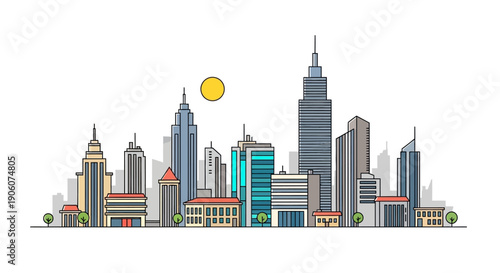 Modern cityscape with skyscrapers and urban buildings.