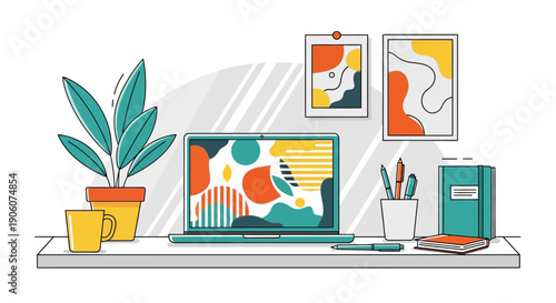 Modern workspace with laptop and office supplies on a white desk.