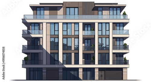 Modern multi-story residential building with balconies.