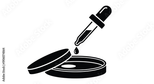 A striking black and white graphic depicts a pipette dropping liquid onto a petri dish silhouette high quality professional detailed modern elegant
