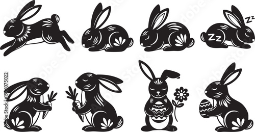 Collection of black silhouette illustrations of rabbits in various poses and activities for Easter or spring themes Keywords: rabbit bunny hare Easter spring celebration playful sleeping eating
