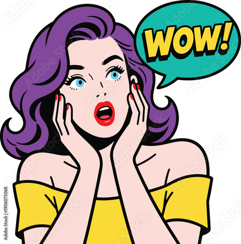Shocked woman with purple hair looking sideways at a "WOW!" speech bubble, retro pop art vector illustration