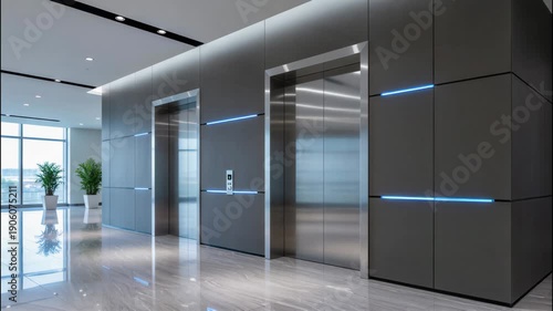 Modern Office Building Lobby With Elevators and Large Windows Letting in Sunlight