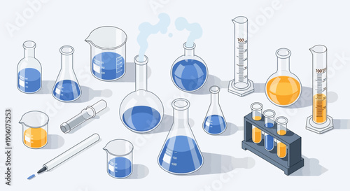 Chemistry laboratory glassware set with various beakers, flasks, and test tubes filled with blue and yellow liquid on bright studio background
