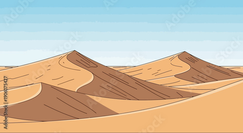 Vast desert landscape with rolling sand dunes under a clear blue sky, arid nature scene