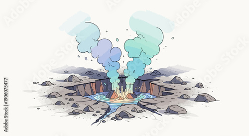 Geothermal activity with colorful smoke erupting from cracked earth, environmental impact on isolated white background