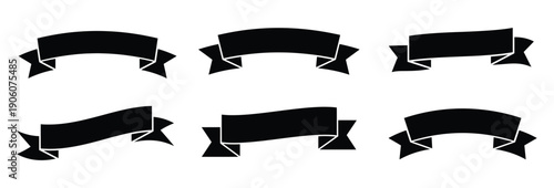Collection of six black silhouette vector ribbon banners with various shapes and fold styles on white background, ideal for labels, badges, and decoration. 