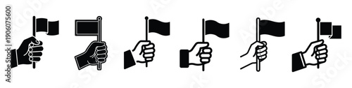 Silhouette vector collection of six hand gestures holding small flags in various styles and angles on white background, symbolizing protest, victory, celebration, and support. 