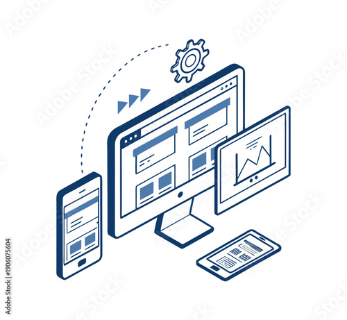 An isometric 3d illustration of a cloud computing concept showcasing a data network connecting a laptop, office building, and home architecture with financial charts and web server icons in a smart ci