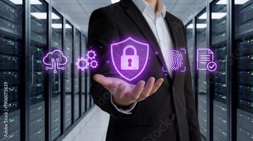 Cyber Security Concept with Hand Holding Digital Protection Icons in Server Room