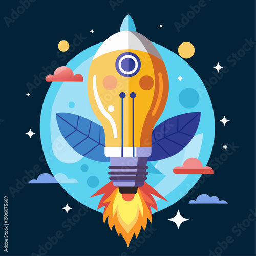 A vibrant cartoon space rocket vector illustration flies through the cosmos past a planet and glowing stars, capturing the wonder of science and universe exploration in a stylized night sky design