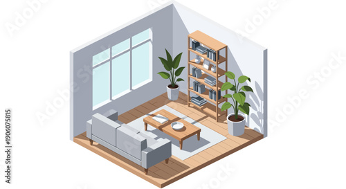 Isometric modern living room interior design with sofa, coffee table, and plants, in bright studio