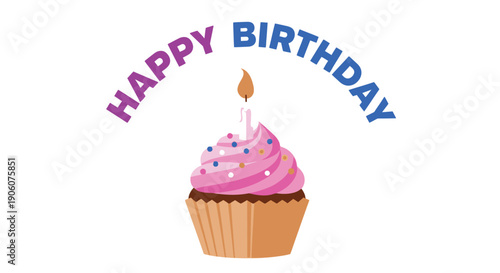 A colorful depiction of a birthday cupcake with a lit candle presented as a celebratory image silhouette high quality professional detailed