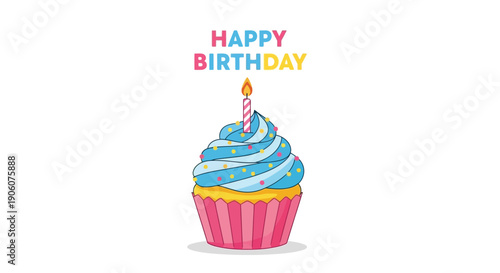 A colorful cupcake with a single lit candle atop accompanied by cheerful birthday greetings a silhouette high quality professional detailed modern