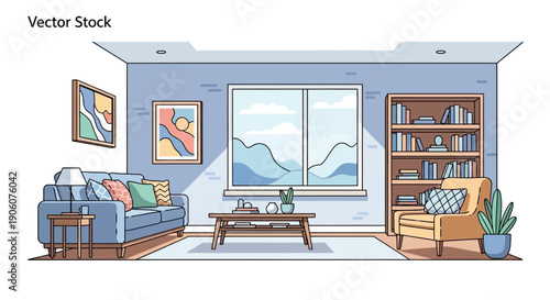 Cozy and modern living room interior with a comfortable sofa, coffee table, and bookshelf with a scenic window view.
