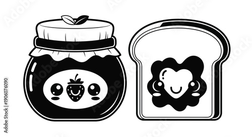 A charming illustration displays a jar of jam and a slice of bread with smiling faces silhouette high quality professional detailed modern
