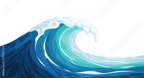 Powerful breaking blue ocean wave with white foam on an isolated white background.