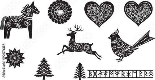 Norwegian Folk Art Silhouettes of Horse Deer Bird Hearts and Trees vector illustration