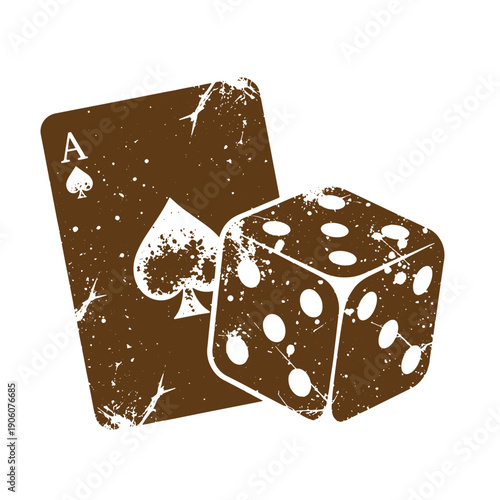 Vintage Grunge Ace of spades playing card and two dice with grunge effect  casino game symbols